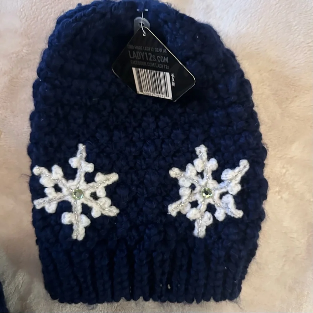 Navy Blue Snowflake Knit Hat and Fingerless Glove / Mittens Set